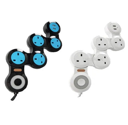 White UK 5-gang extension lead with rotating sockets and 2 USB charging ports on flame-retardant plastic housing