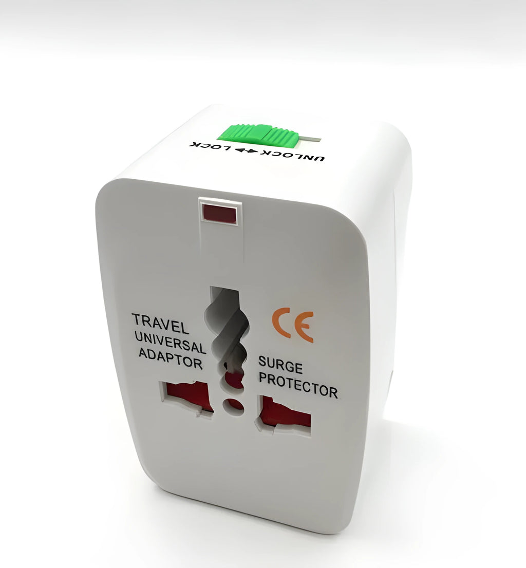Universal travel plug adapter for multi-country device charging with compact 73x50x39mm dimensions