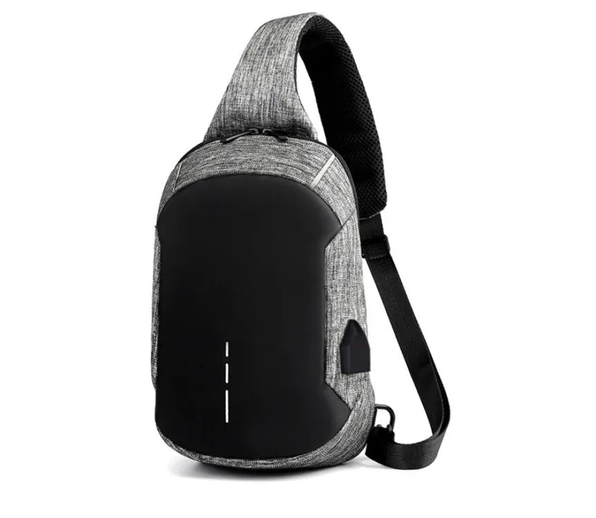 Dark blue Oxford cloth waterproof chest bag with zipper and adjustable strap, showing internal mobile phone pouch.