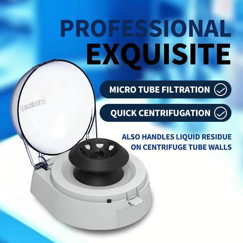 Mini laboratory centrifuge with 7000 rpm speed and compact 157mm x 170mm x 120mm dimensions