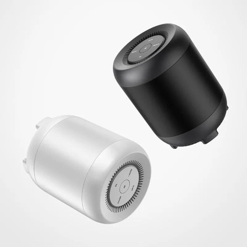 Black and white Bluetooth speaker with AI voice control and bass enhancement features