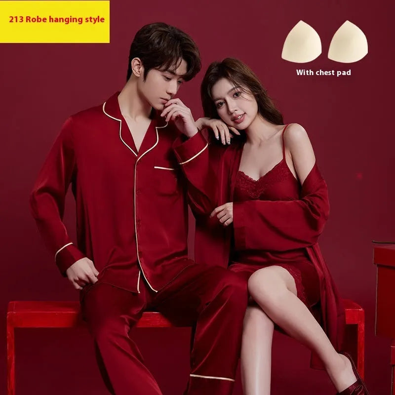 Red silk matching men's and women's pyjama set with long sleeves and trousers