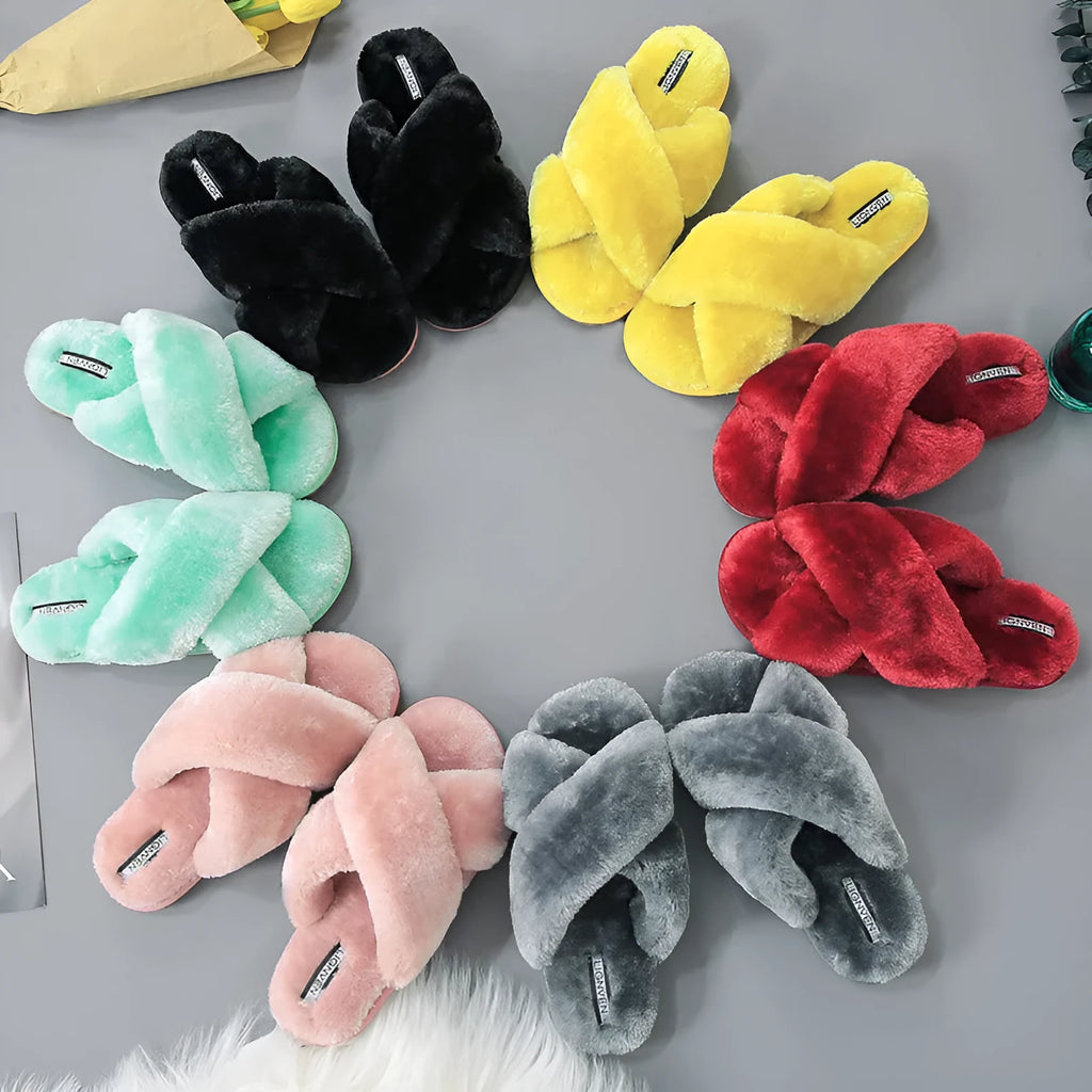Women's cross strap open-toe fur slippers in multiple colours on a patterned non-slip sole.