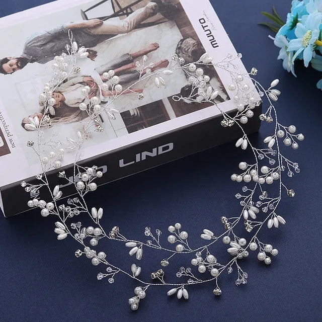 Bride's crystal pearl wedding hair band accessory in silver, gold, and rose gold colours with wired construction