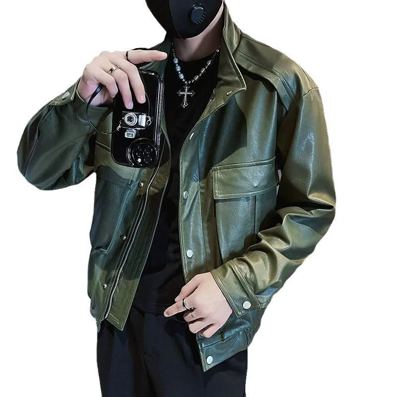 Men's Korean style black PU leather jacket with straight hem and side pockets