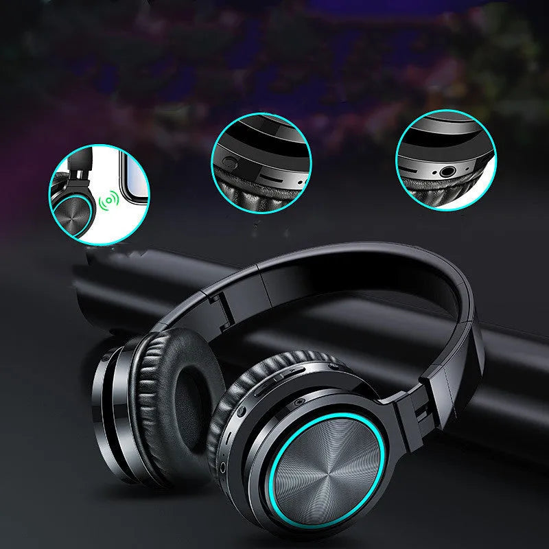 Folding wireless Bluetooth headset in black, black and red, or white and grey colours showing head-mounted design