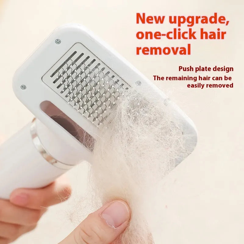 A beige and blue pet hair dryer comb grooming tool with UK plug on a white background.