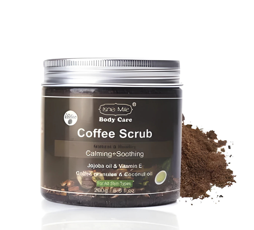Coconut oil coffee scrub in a jar with natural exfoliating granules for deep cleansing and cellulite reduction