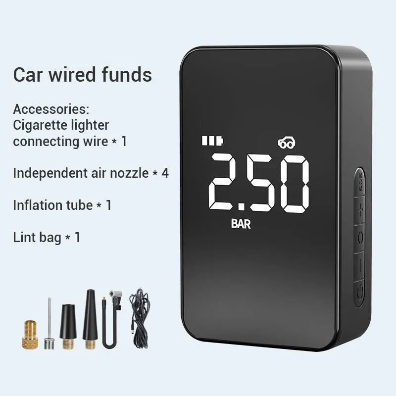 Compact black wireless digital tyre inflator pump with screen, hose, and multiple nozzles on a table