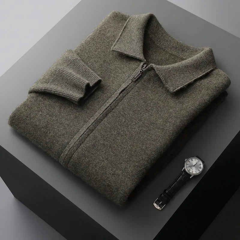 Men's pure wool thickened cardigan with turn-down collar in camel colour on a hanger