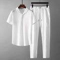 Men's leisure suit with short sleeve top and drawstring trousers in black and white, polyester fabric, loose fit