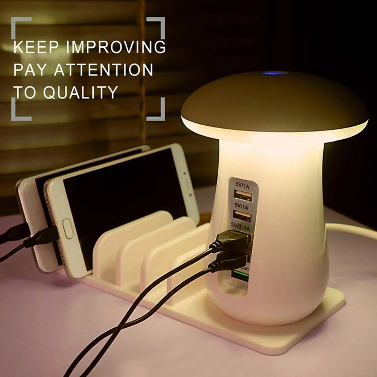 White mushroom-shaped USB charging dock station with five ports and integrated LED night light on a desk.