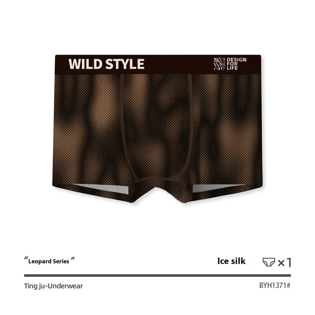 Men's leopard print ice silk underwear in a mid-waist design, shown in one of four available colour variations.
