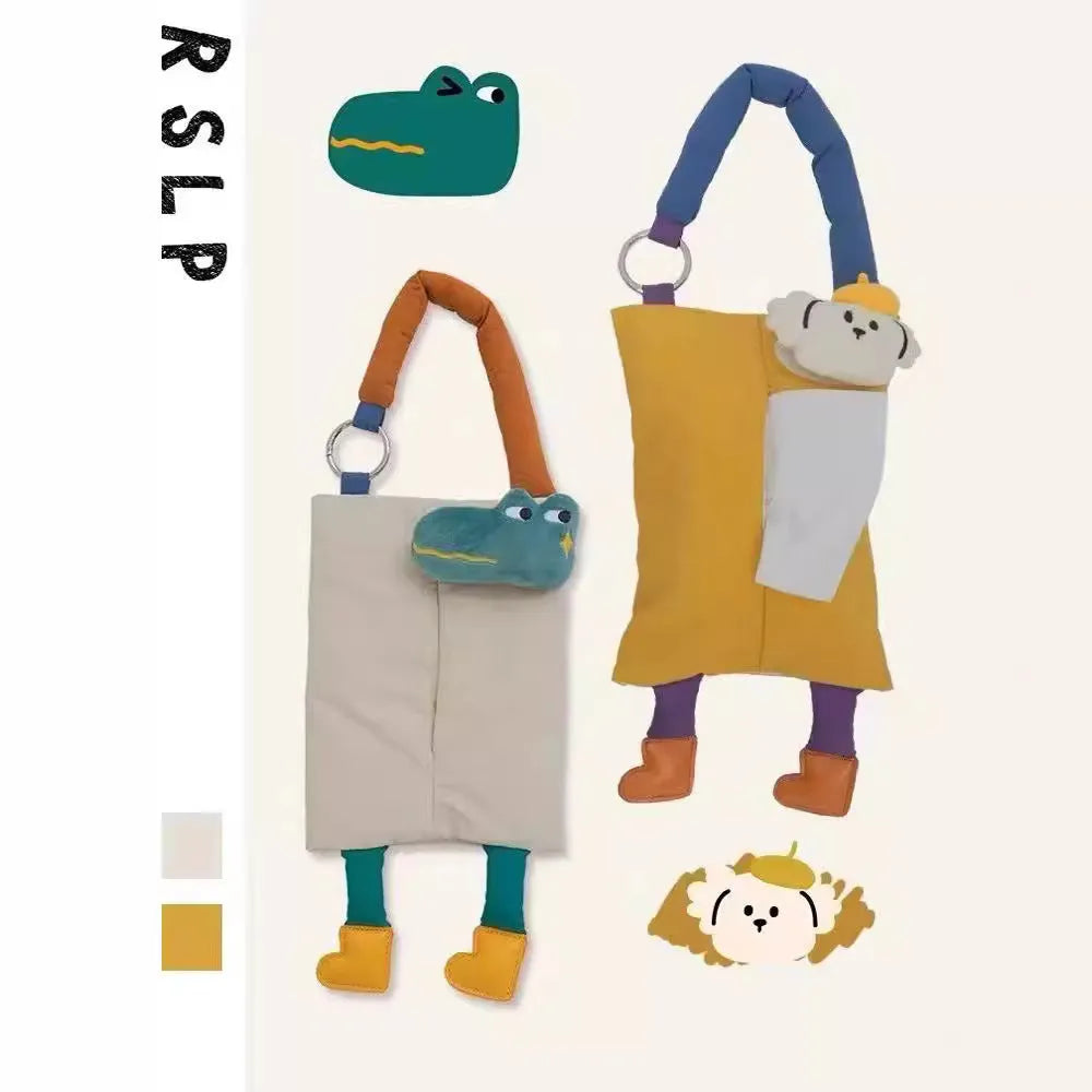 Plush hanging car tissue bag in hat dog or baby crocodile design measuring 25 by 19 centimetres