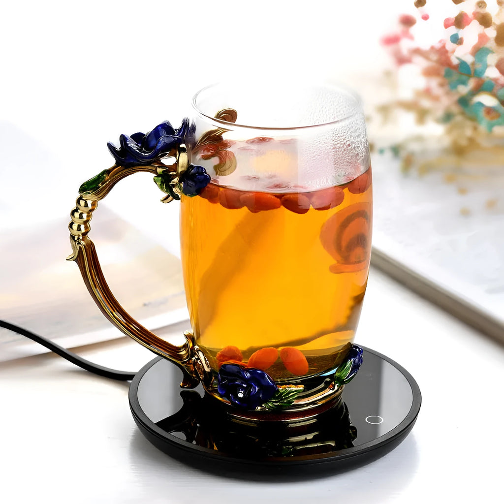 Black electric cup warming pad with tempered glass surface and dual temperature controls