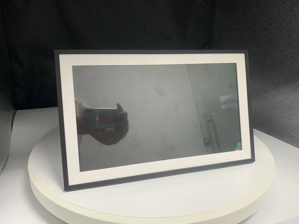 White 15.6 inch smart digital photo frame with full HD display and app connectivity