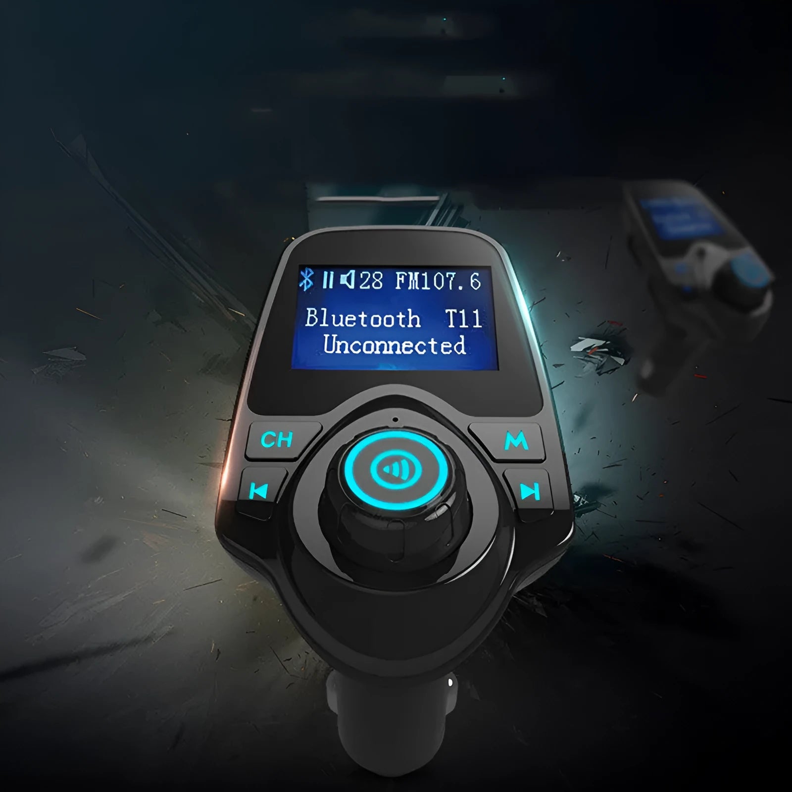 Black car Bluetooth FM transmitter hands-free kit with USB port and SD card slot