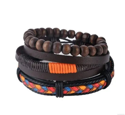 Hand-woven adjustable leather punk bracelet with wooden beads on wrist