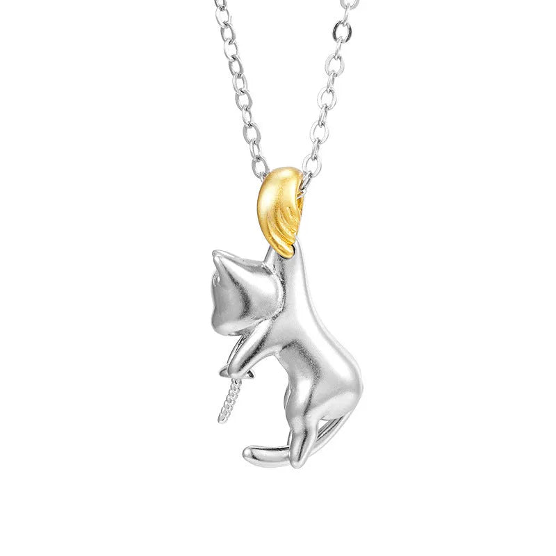Sterling silver clavicle chain necklace with cat motif and pearl bead decoration