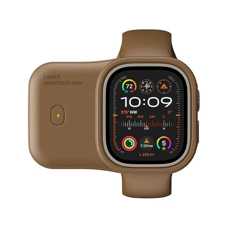 Apple Watch portable wireless power bank charging case with silicone sleeve in brown colour.