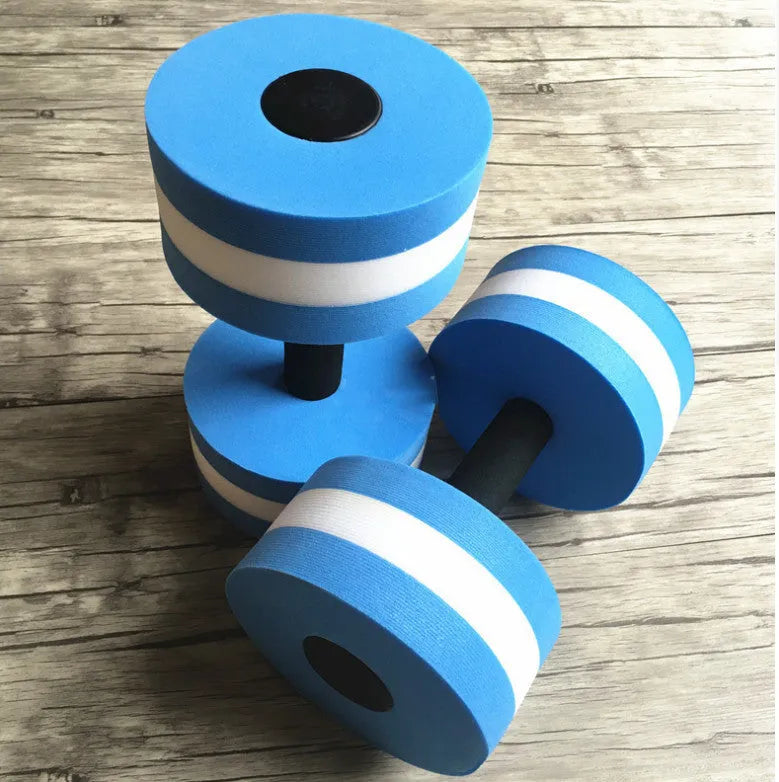 Water sports aerobics dumbbells in blue, pink, and green EVA foam, each 27 cm long