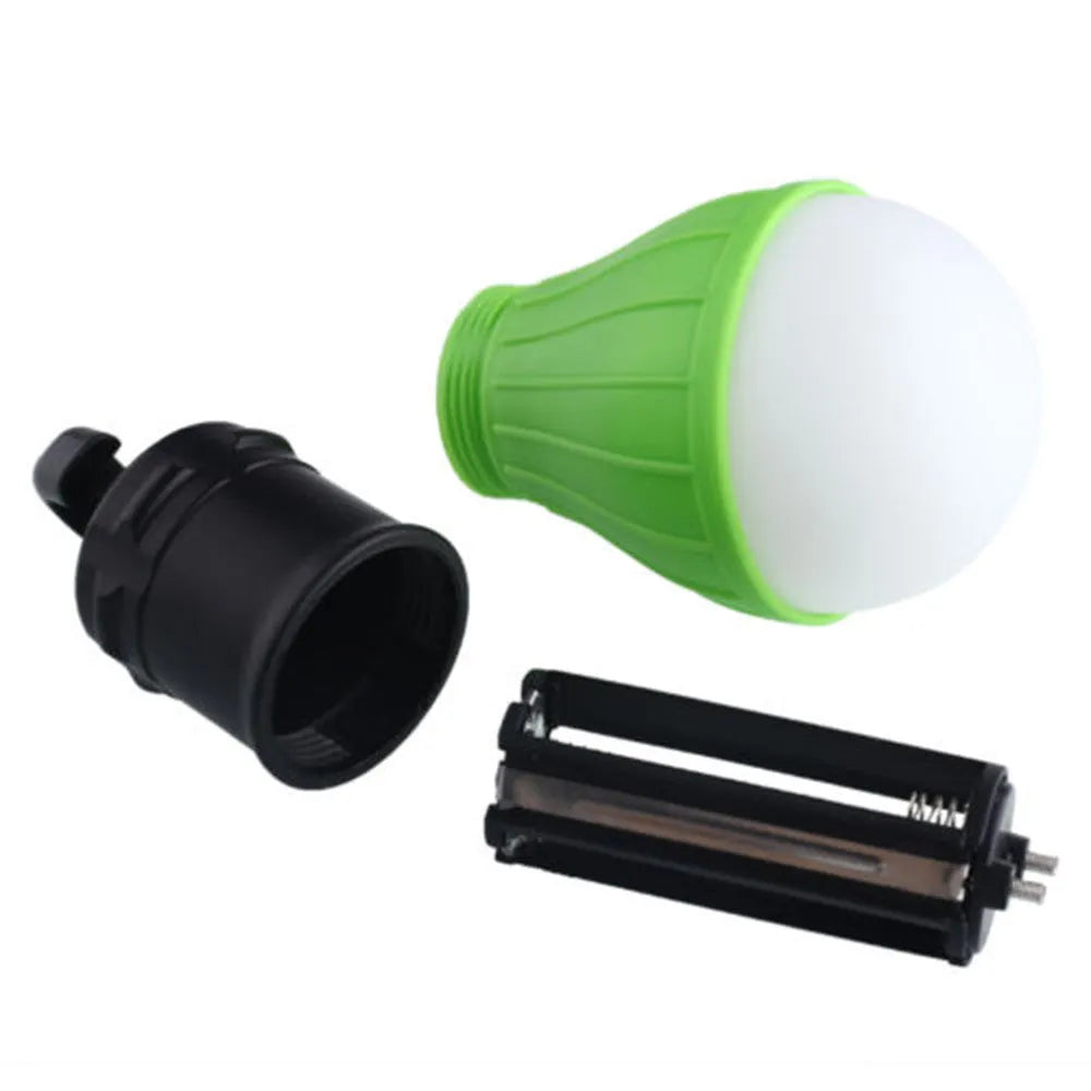 Blue portable camping lantern with a black hook, showing three white LEDs and a textured ABS plastic body.