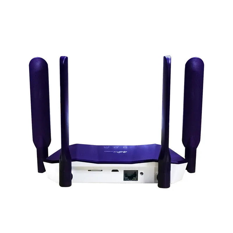 Blue 4G all-netcom dual-mode router with four antennas on a desk.