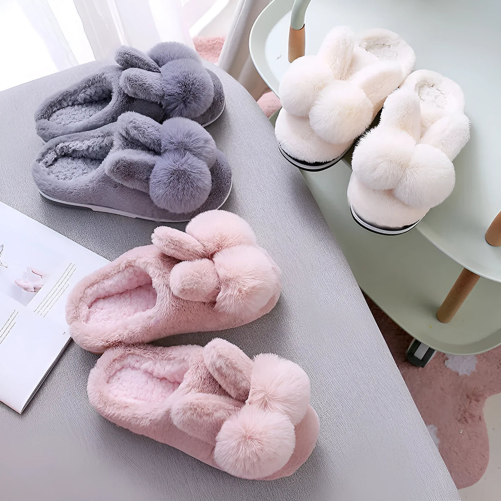 Women's fluffy bunny slippers with rabbit fur upper and decorative flowers in multiple colour options