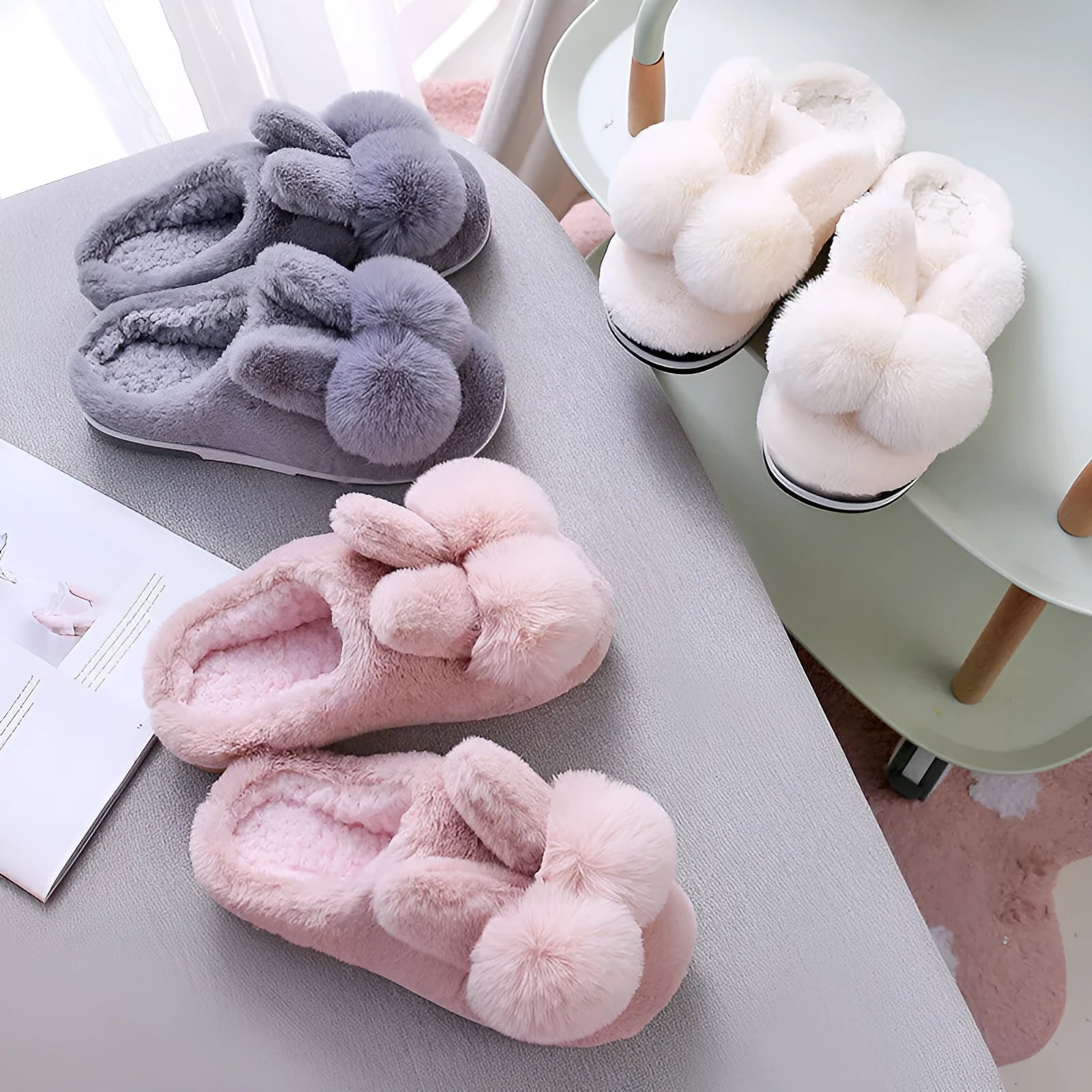 Women's fluffy bunny slippers with rabbit fur upper and decorative flowers in multiple colour options