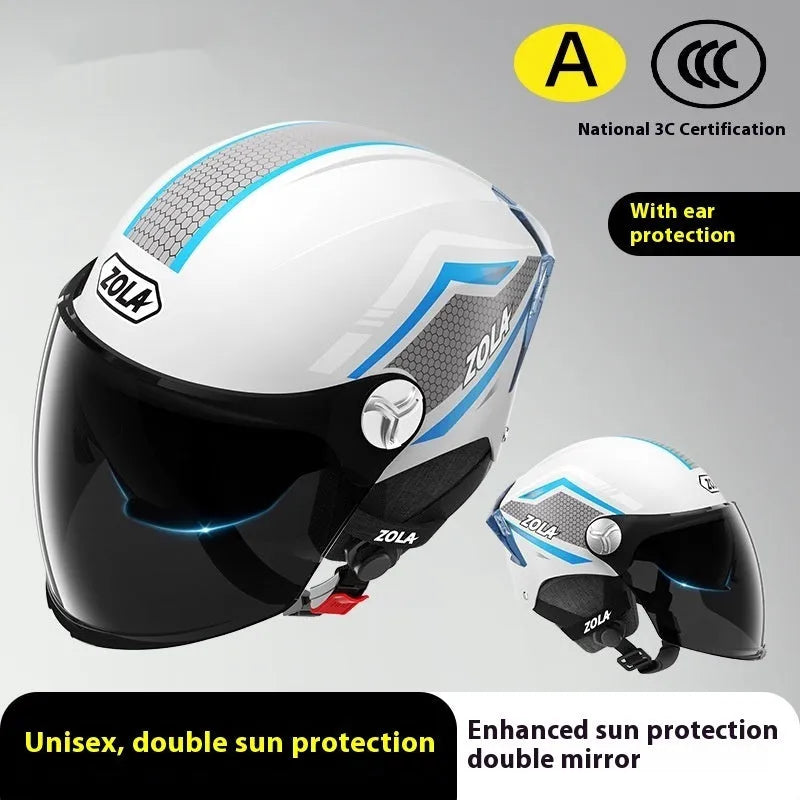Child's lightweight ABS half helmet with a double mirror sun visor, shown in a light brown colour variant.