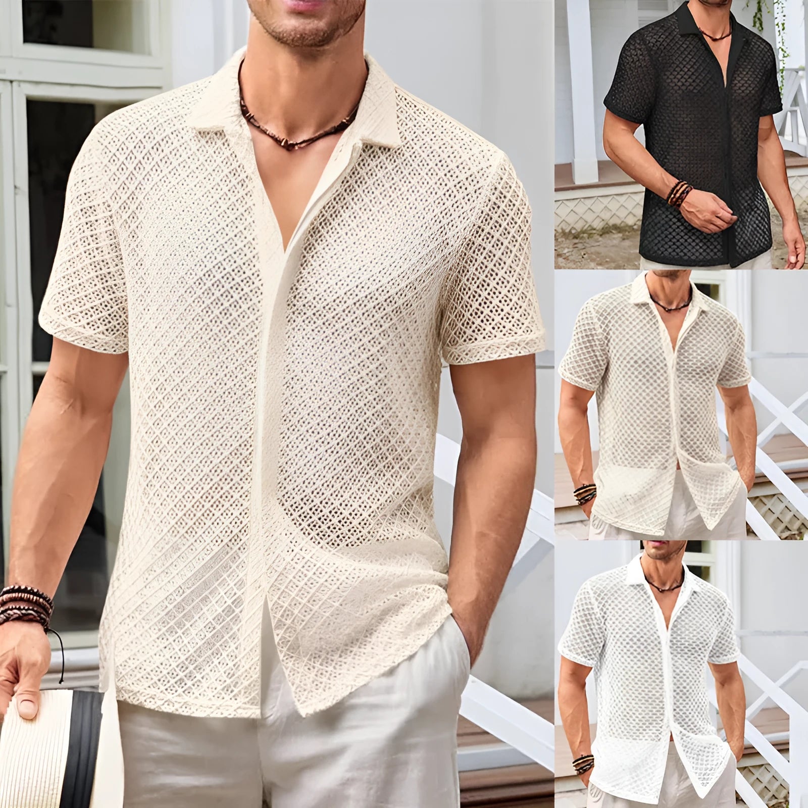 Men's short sleeve lapel collar shirt in cotton blend polyester fabric