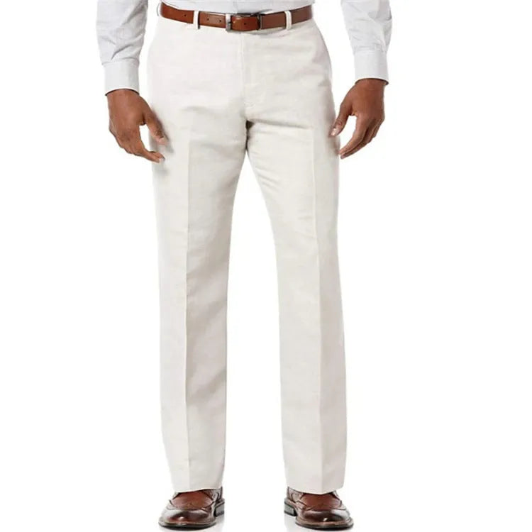 Men's solid colour linen-cotton trousers with slant pockets on a basic style.
