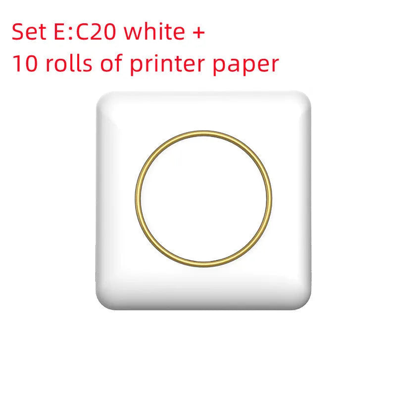 Mini label thermal printer C20 white model with Bluetooth and USB port on a desk