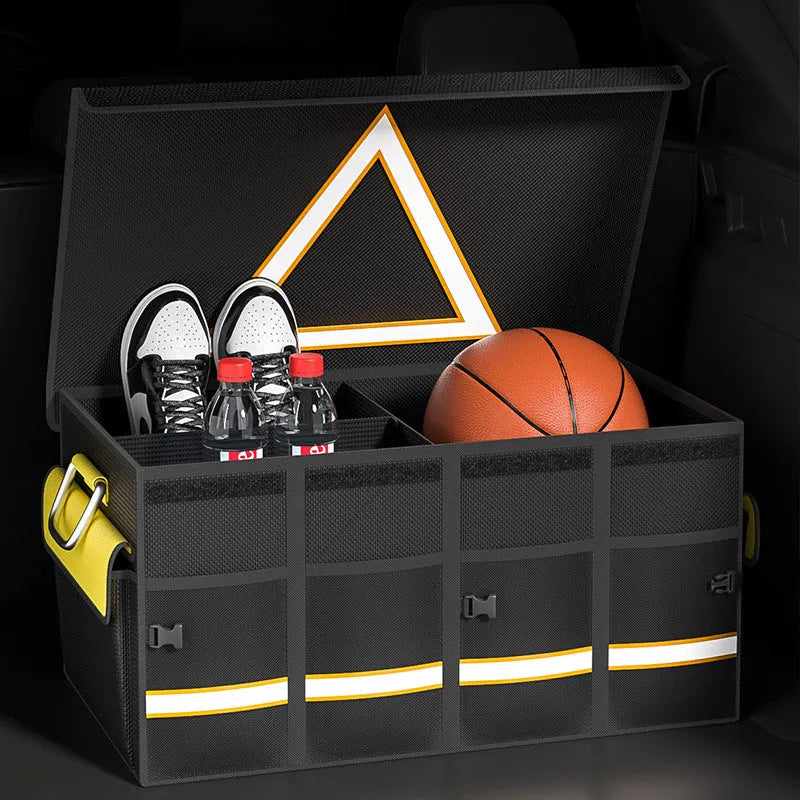 Black and yellow foldable fabric car trunk storage organiser bag with carry handle.