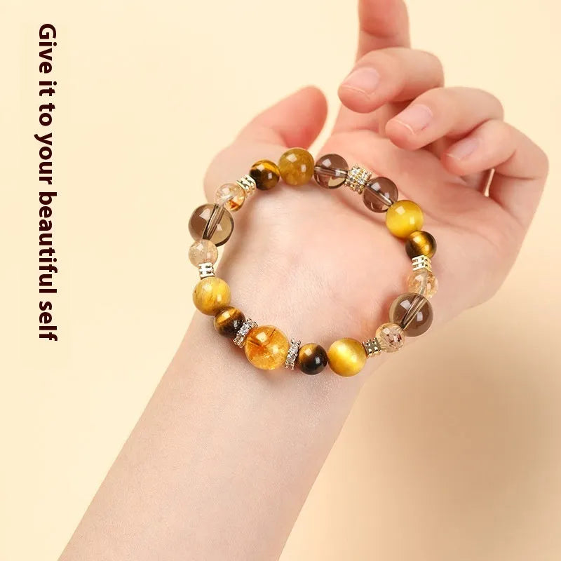 Crystal tiger-eye bracelet with jinba yellow tower design in geometric shape