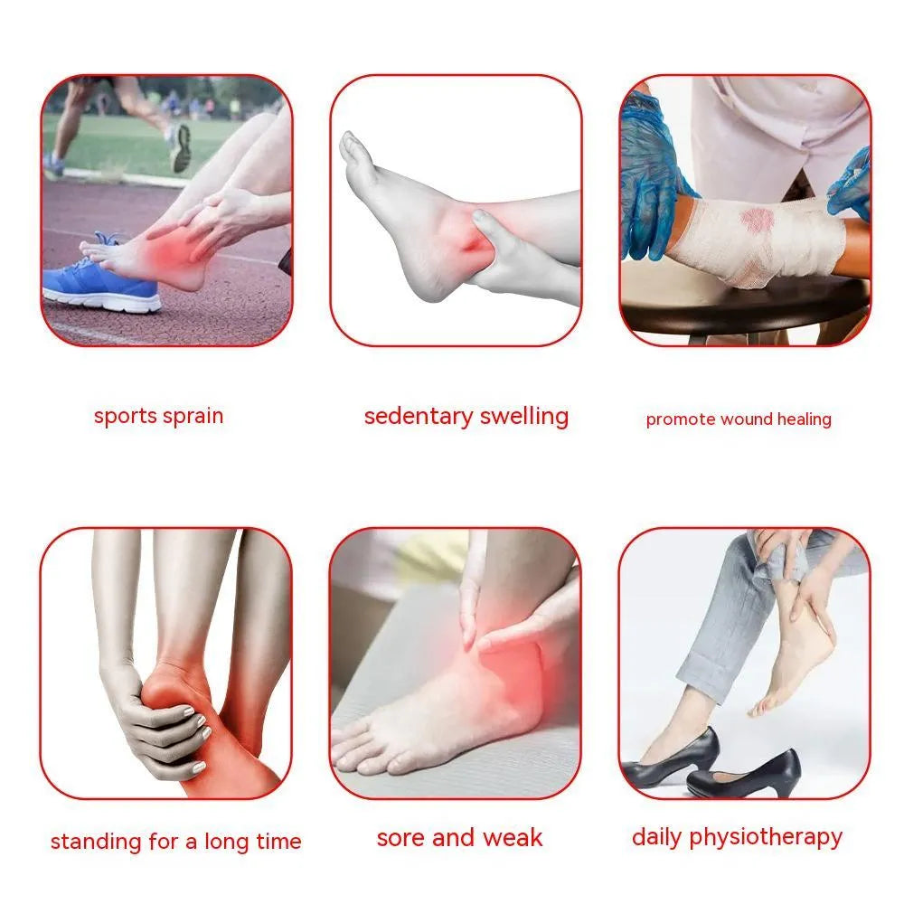 Black fabric ankle support with red light and heating therapy, USB cable, on a flat surface