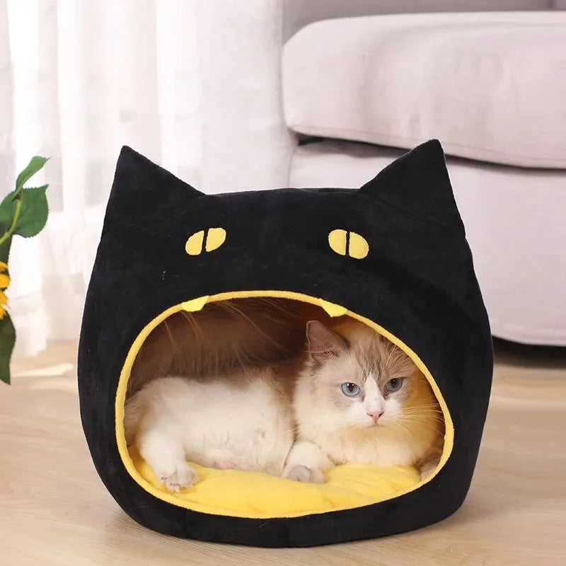 Cat-shaped covered pet bed with plush material and anti-slip bottom in two size options