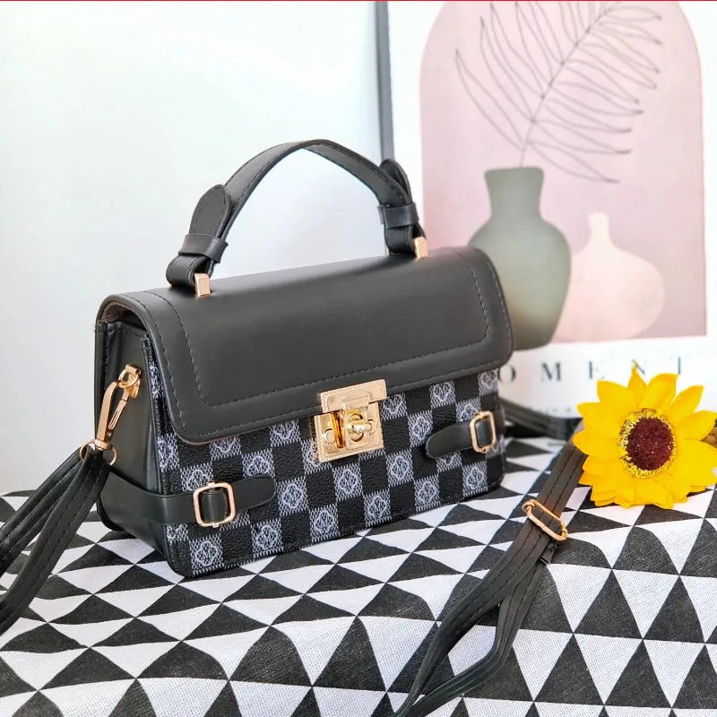 Small square retro crossbody bag in apricot PU leather with stitching and plaid patterns
