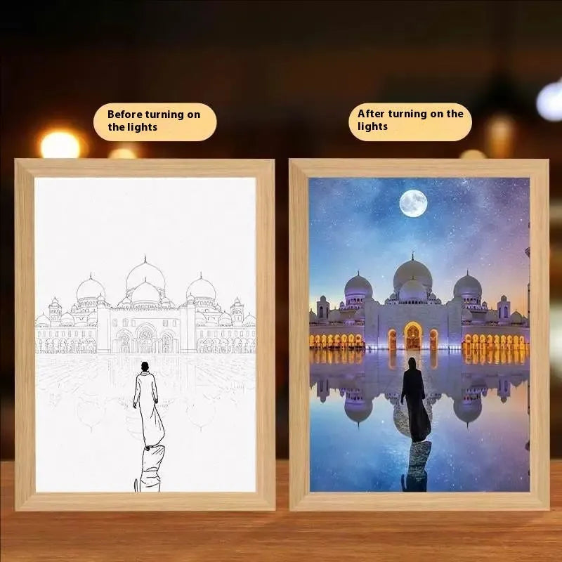 Modern rectangle light painting photo frame with illuminated religious nature artwork on man-made board