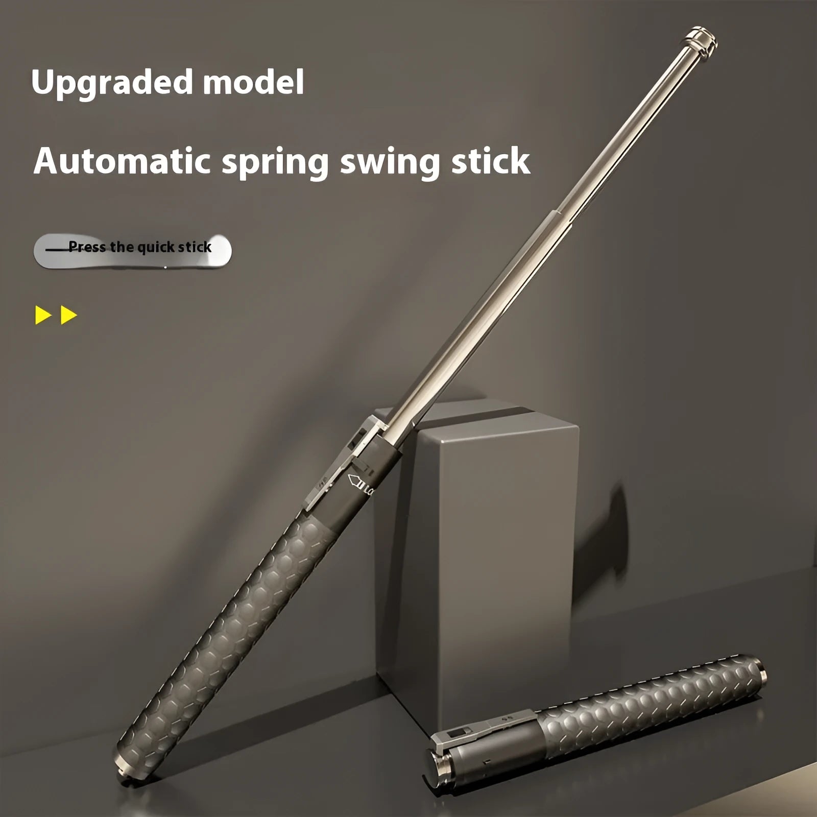 Titanium black automatic spring expandable baton in three sizes: 16 inch, 21 inch, and 26 inch.