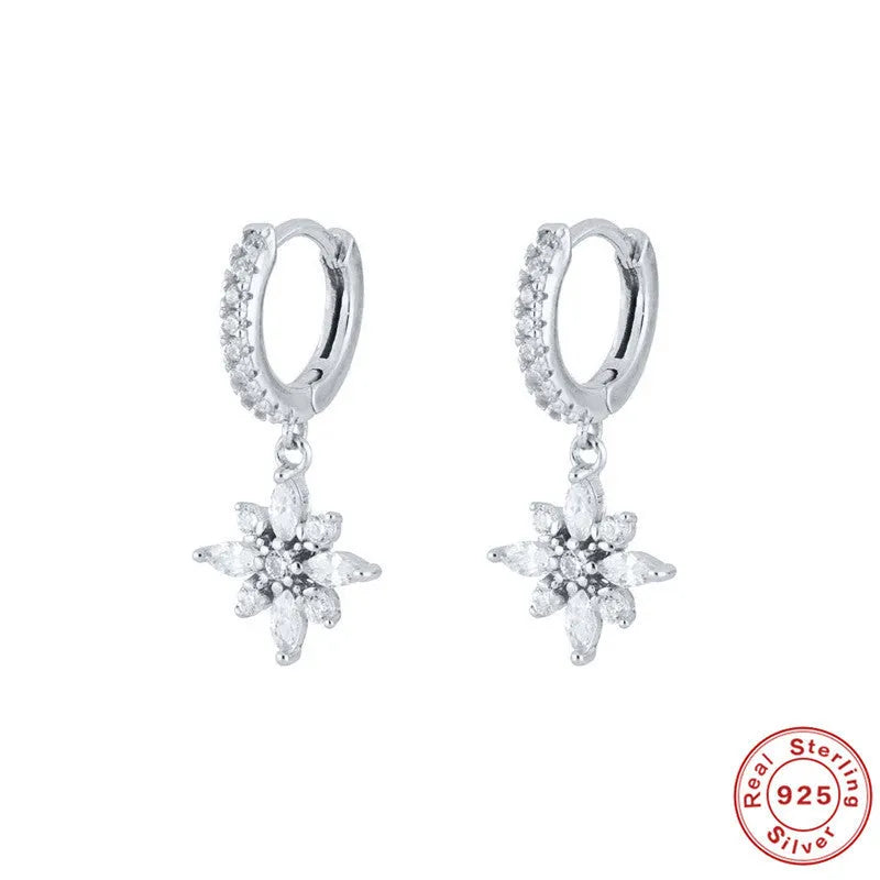 S925 sterling silver snowflake pendant earrings with geometric design and diamond accent in yellow or white gold colour