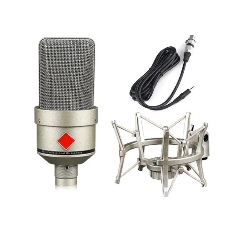 Wired condenser microphone with stand in black gold finish for singing and recording