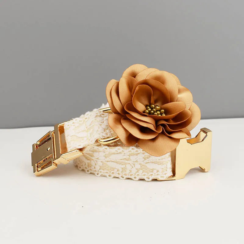 Four-piece dog wedding accessory set with lace collar vest, matching leash, and decorative flowers