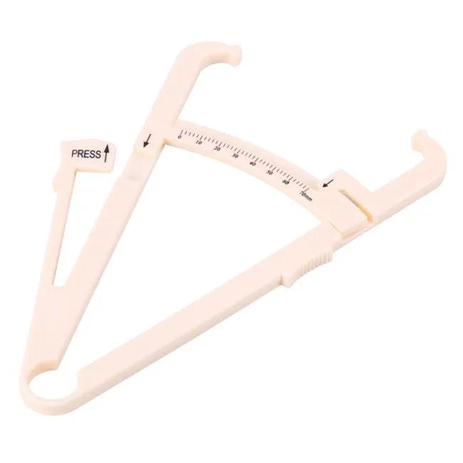 Transparent acrylic body fat caliper showing measurement scale up to 200mm
