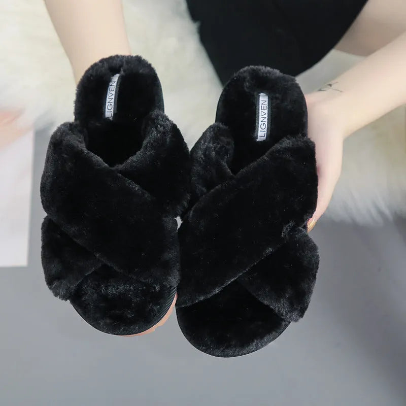 Women's cross strap open-toe fur slippers in multiple colours on a patterned non-slip sole.