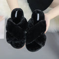 Women's cross strap open-toe fur slippers in multiple colours on a patterned non-slip sole.