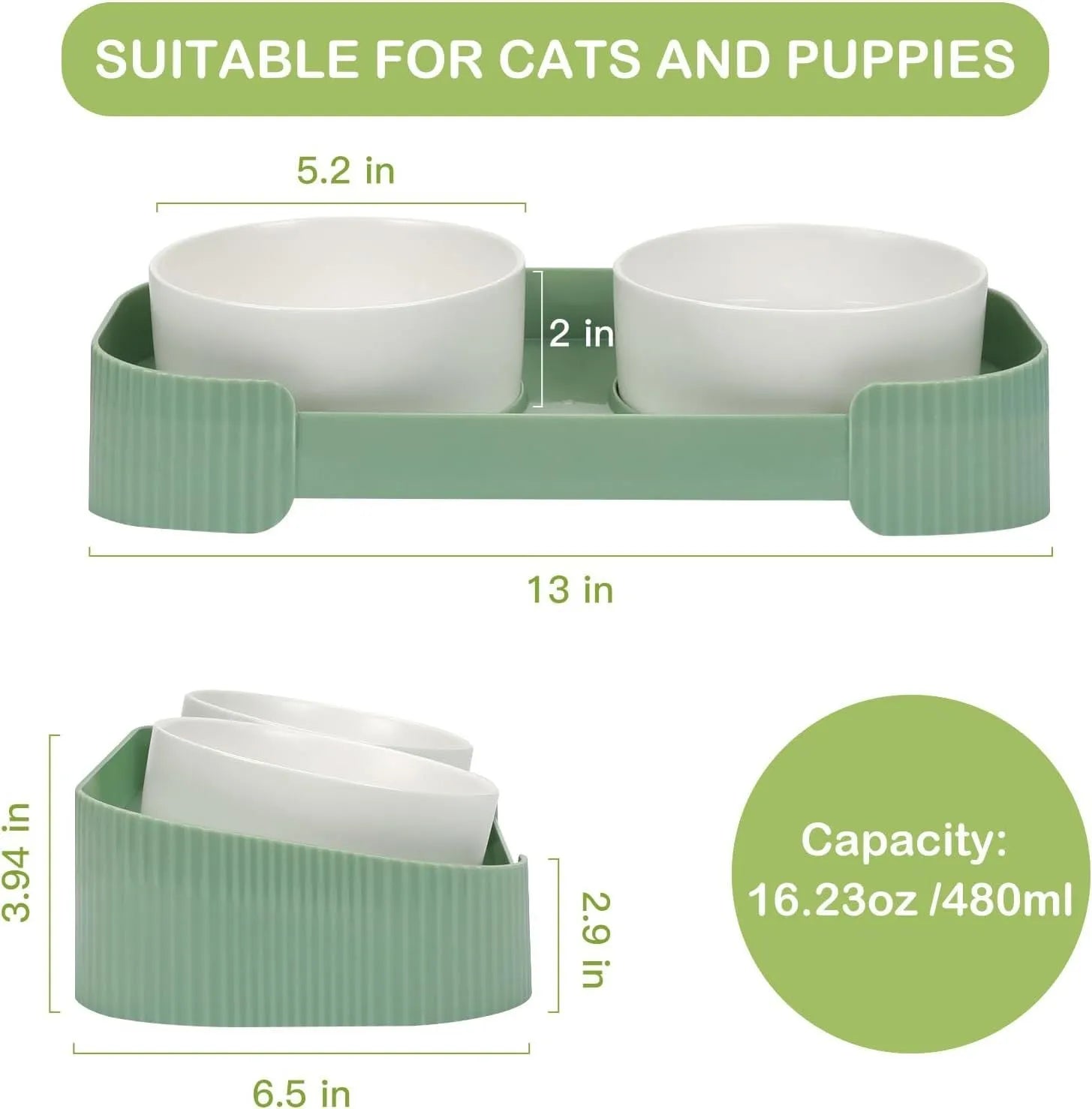 Green ceramic elevated cat bowls with tilted stand and dual bowls on wooden floor