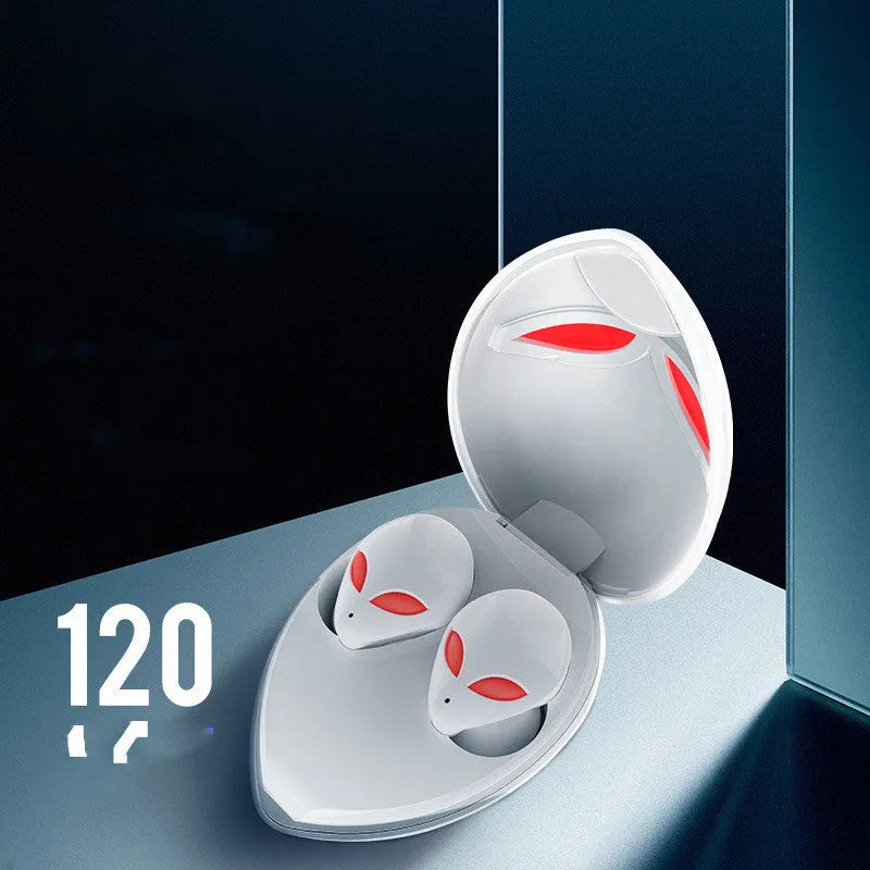 Creative Outer T8 Starman alien design Bluetooth headset with wireless charging case.