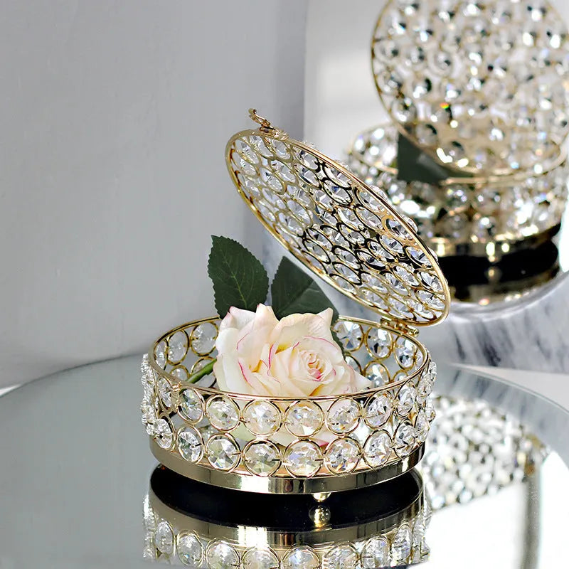 French gold metal jewellery box with crystal glass transparent lid, European style decorative design