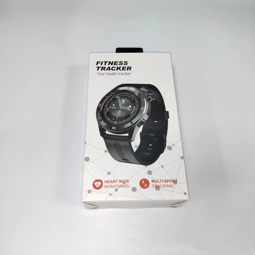 F22 black smartwatch with zinc alloy case and TPU strap displaying fitness stats on 1.54-inch screen